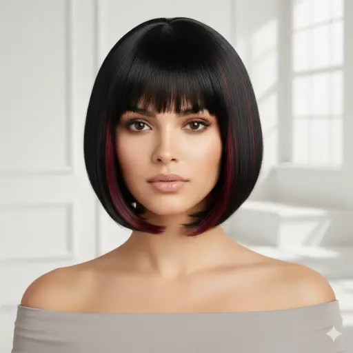 2053 Short Bob Wig with Bangs – Black with Red Highlights